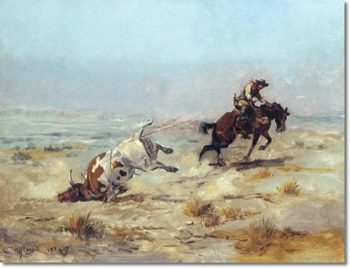 Lassoing A Steer 1897 - Charles Marion Russell Paintings